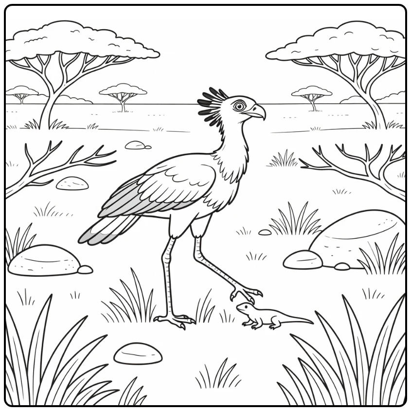 Savanna animals coloring page with secretary bird and lizard