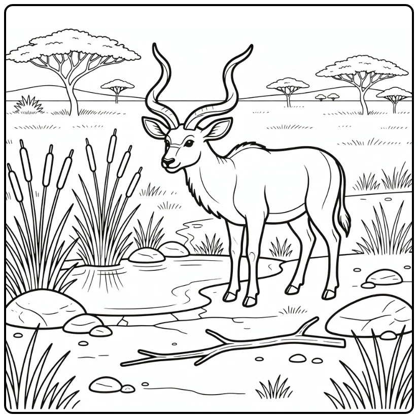 Savanna animals coloring page with greater kudu at dry riverbed
