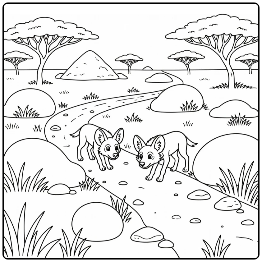 Savanna animals coloring page featuring wild dogs in landscape