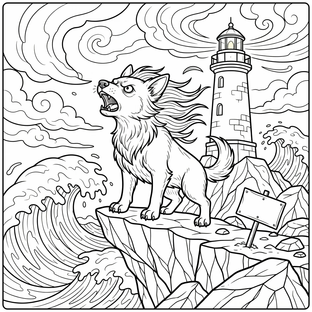 Scary Dog coloring pages: eerie howl on stormy cliff by lighthouse