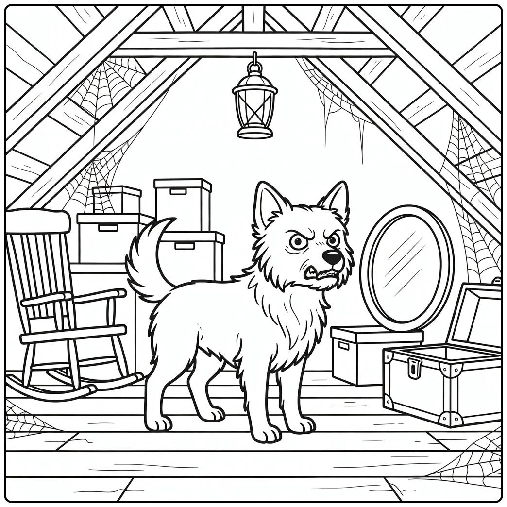 Scary Dog coloring pages: bristling dog stares at trunk in attic