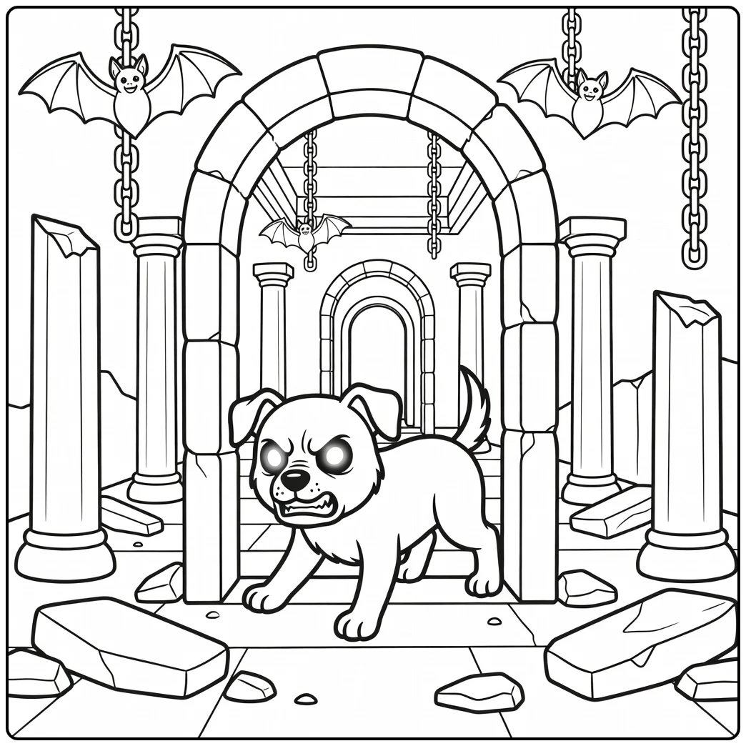 Scary Dog coloring pages: Creeping low in ancient ruins corridor