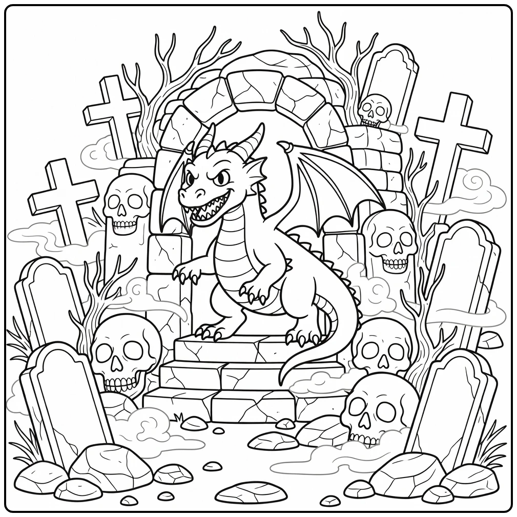 Scary dragon coloring page emerging from crypt with graves