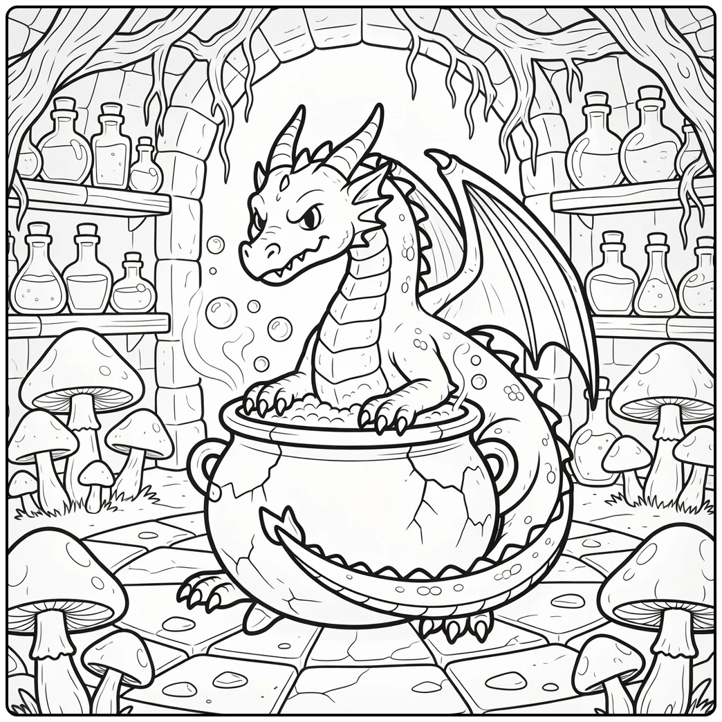 Scary dragon coloring page curling around cracked cauldron