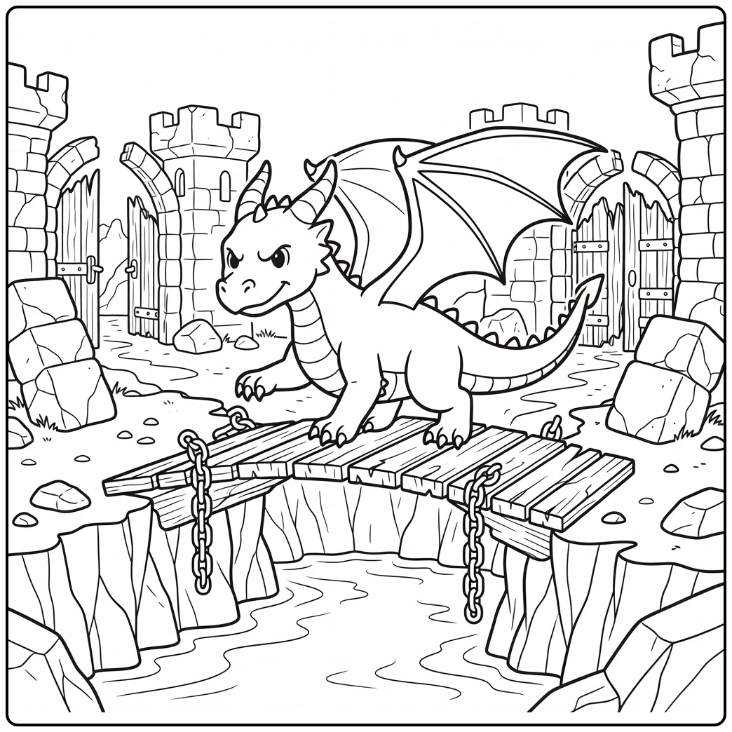 Scary dragon coloring page on broken drawbridge over moat