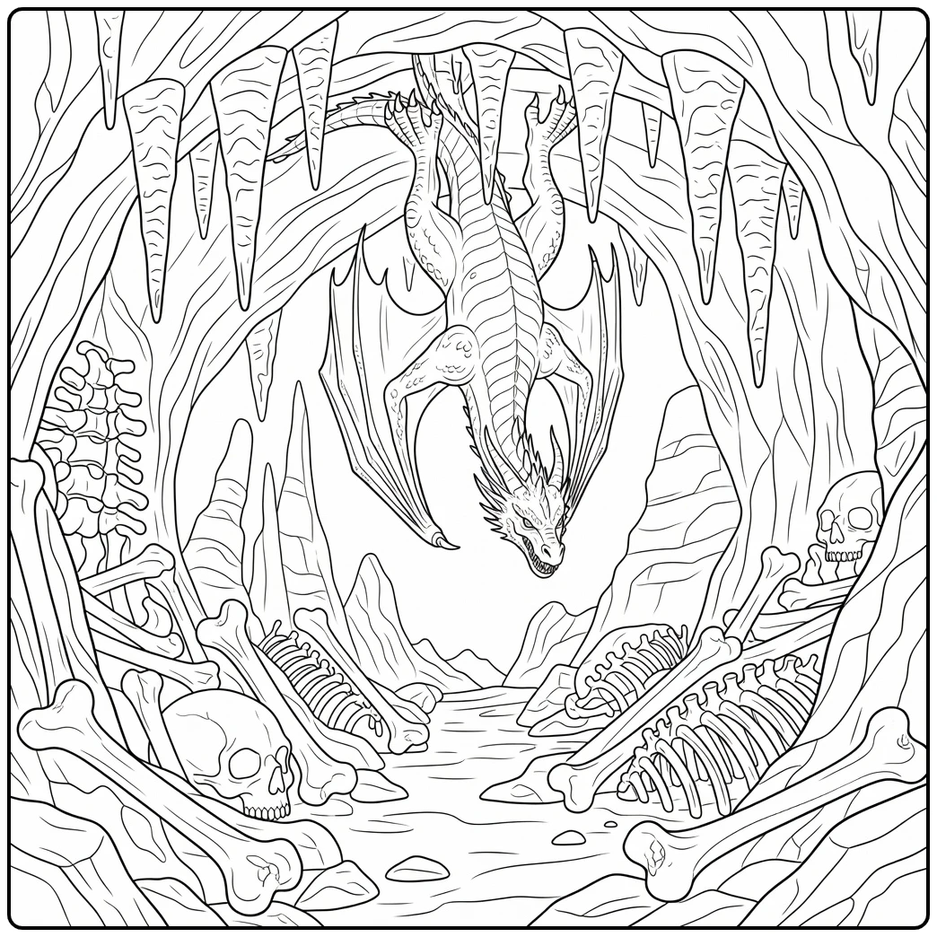 Scary realistic dragon coloring page lurking upside down in cavern