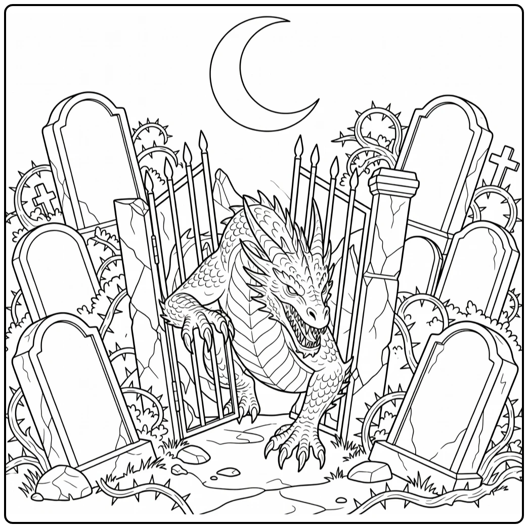 Scary realistic dragon coloring page emerging from cracked graveyard gate