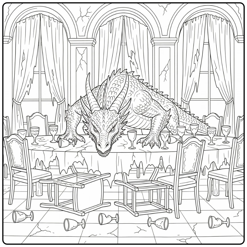 Scary realistic dragon coloring page in haunted banquet hall