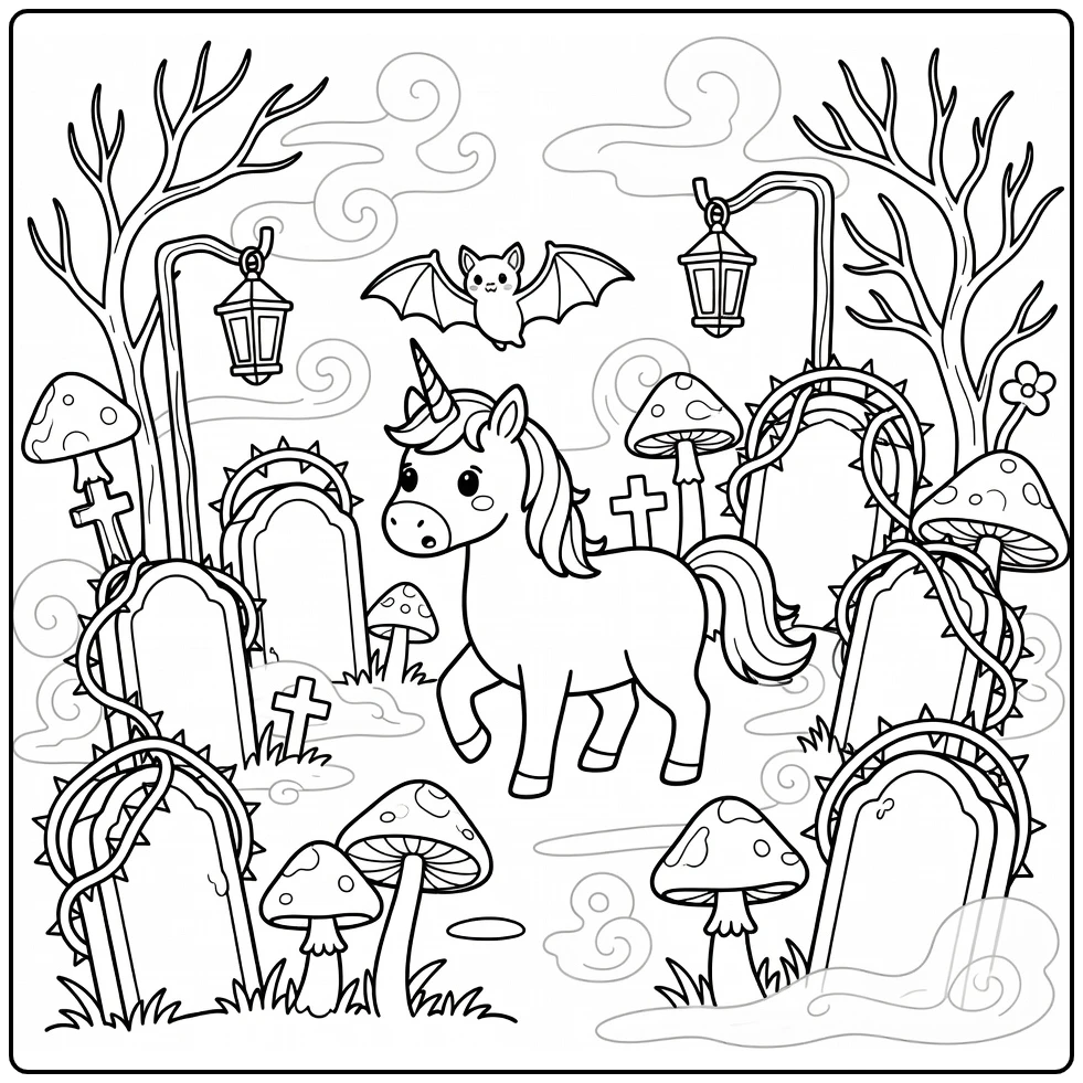 Scary unicorn coloring page: bat swoops over horn in foggy graveyard