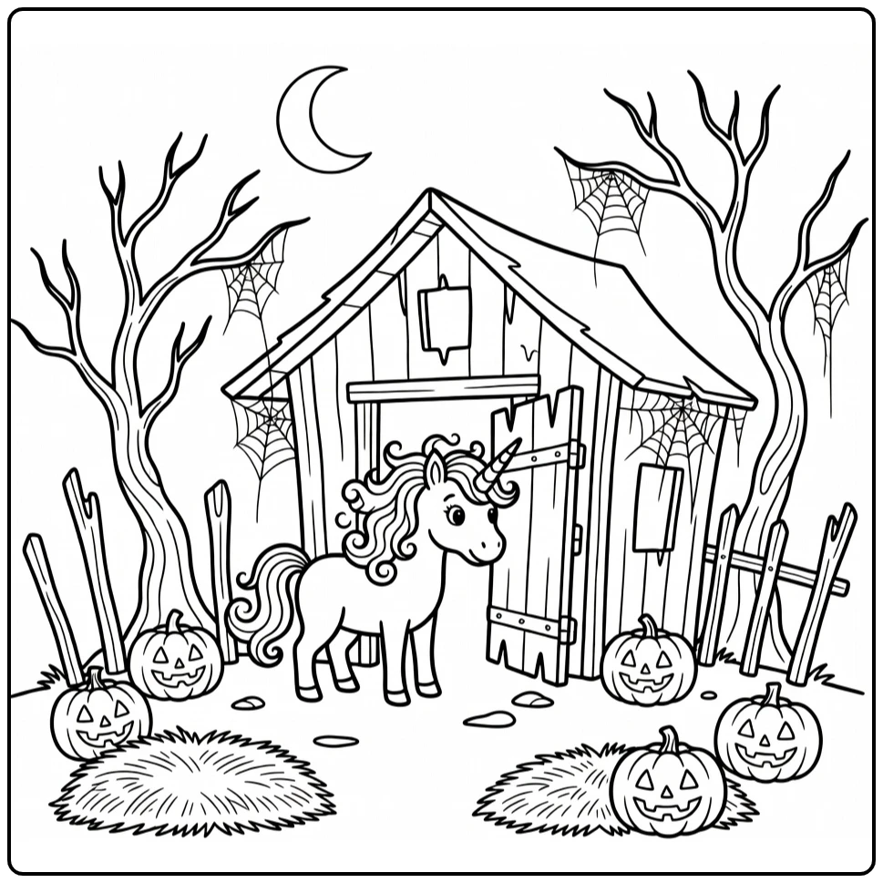 Scary unicorn coloring page at haunted stable entrance