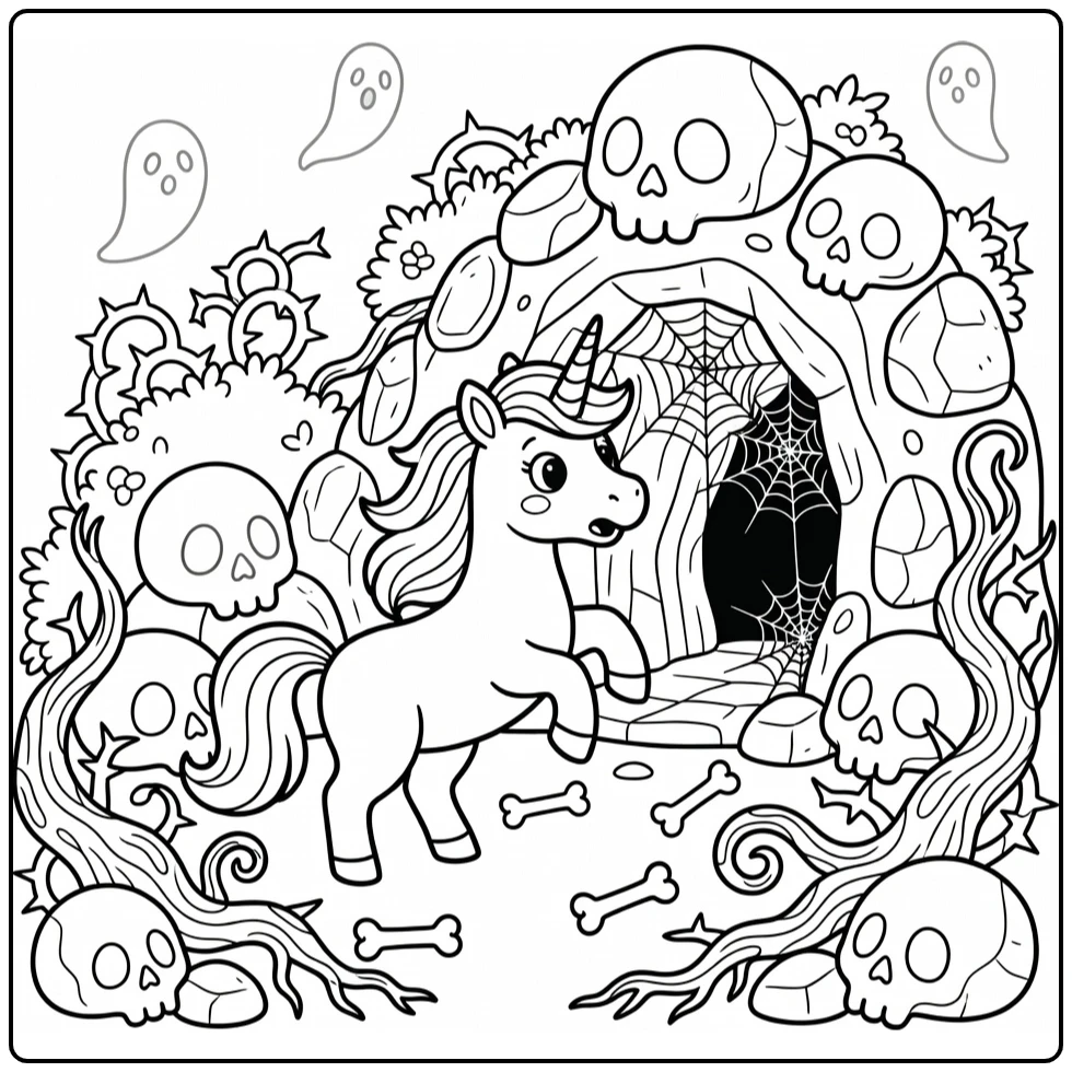 Scary unicorn coloring page: rearing by spooky cave with webs