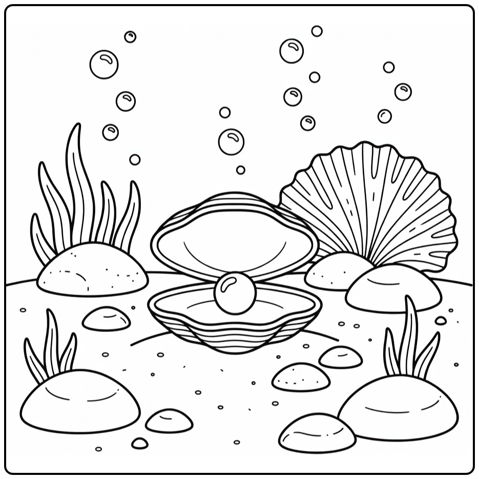 Open clam with pearl sea animal coloring page ocean scene
