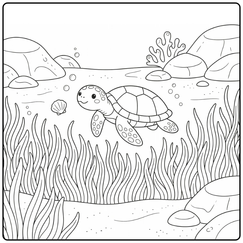 Sea animal coloring page: turtle gliding over seagrass toward shell