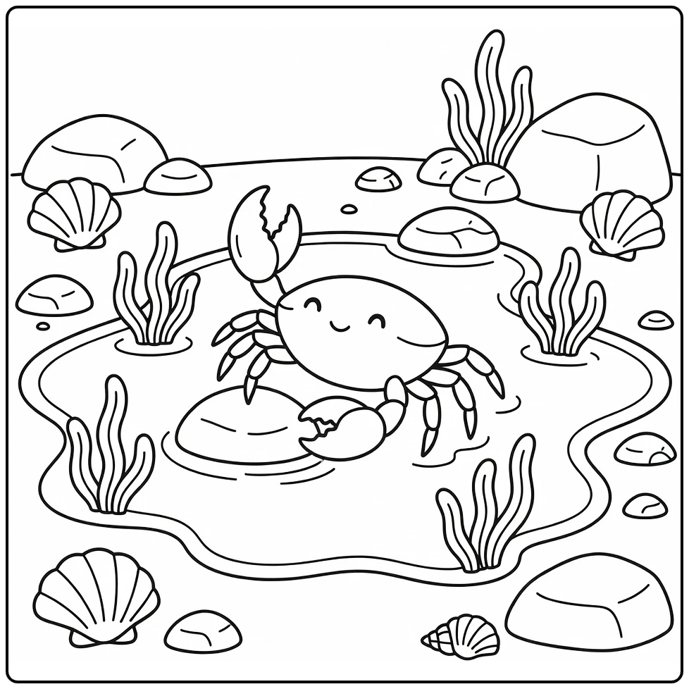Sea animal coloring page: crab lifts claw over stone in tide pool