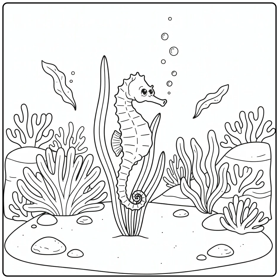 Seahorse sea animal coloring page with bubbles coral