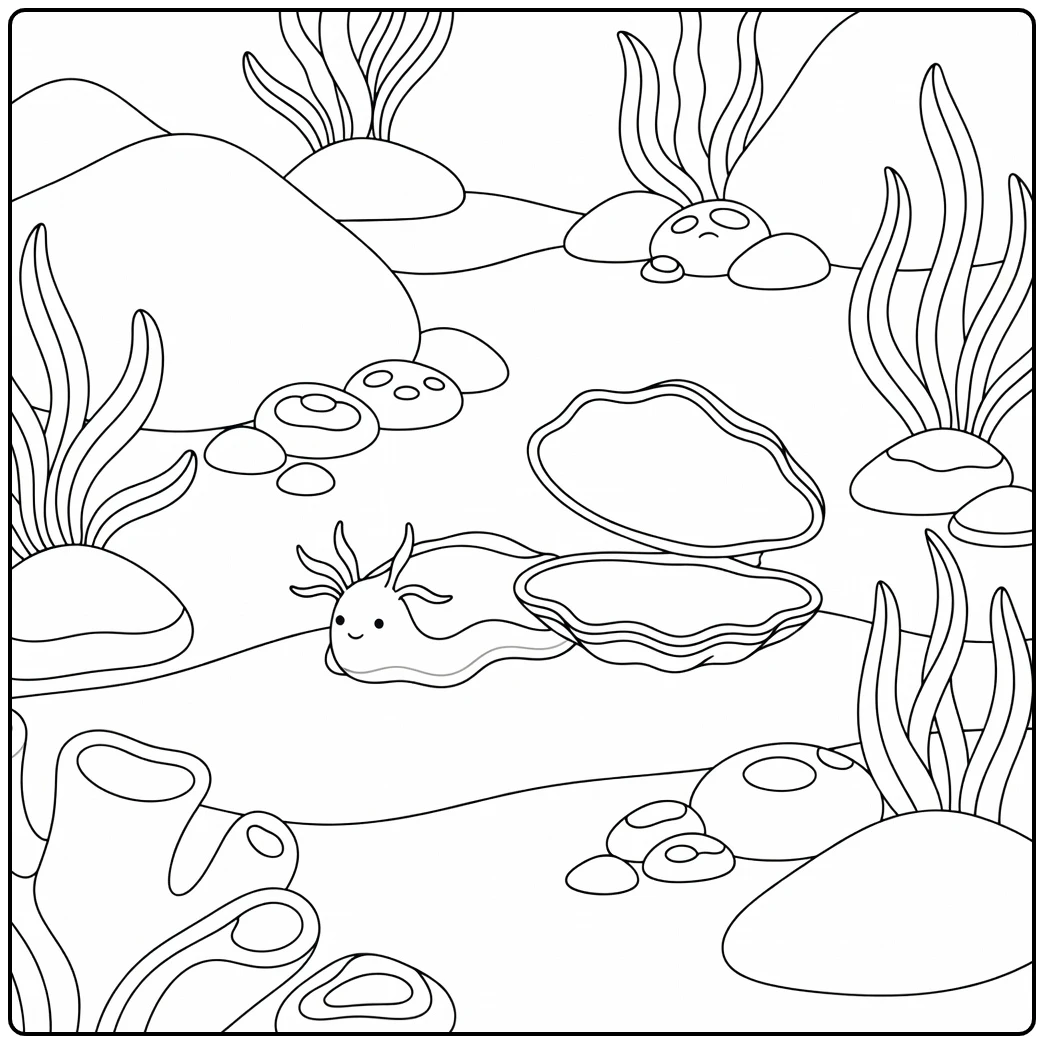 Sea animals coloring page for adults: sea slug on reef with clam