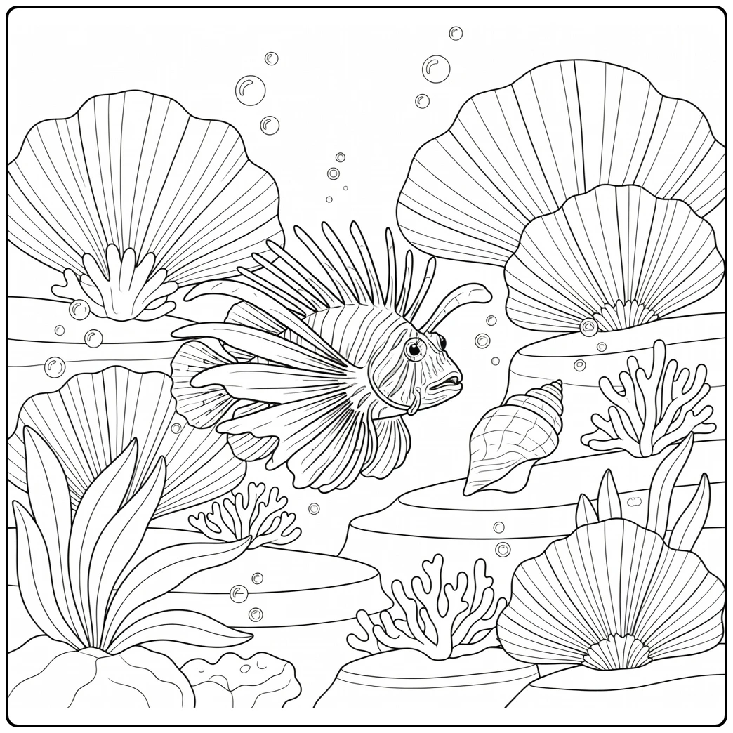Sea animals coloring page for adults: lionfish spreads fins over reef