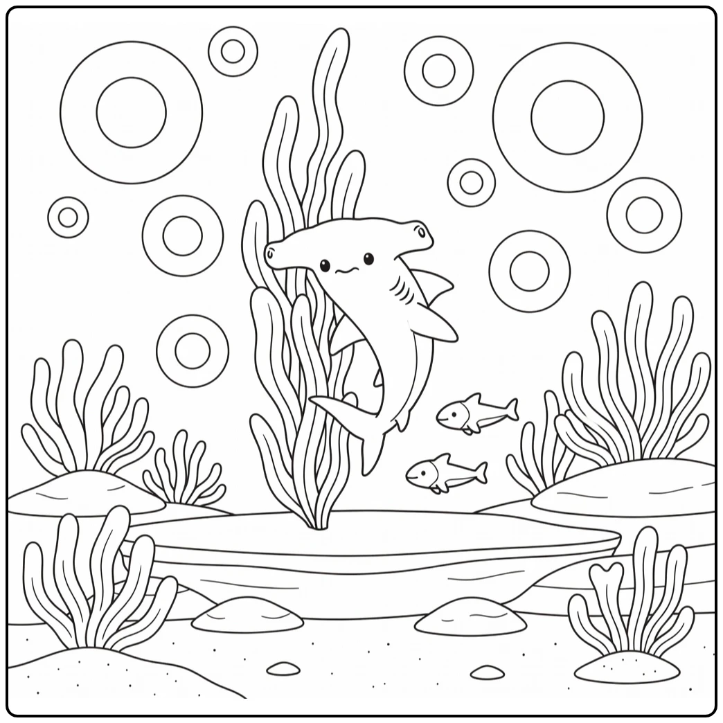 Sea animals coloring page for kids: hammerhead shark circles kelp, remoras follow
