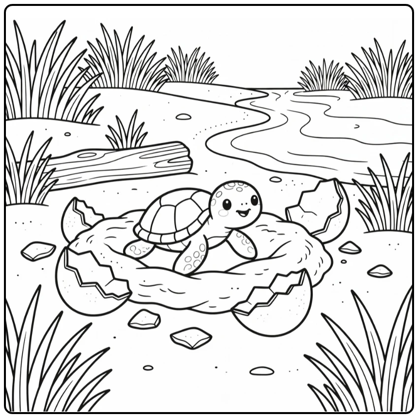 Sea animals coloring page for kids: baby turtle hatchling crawls to waves