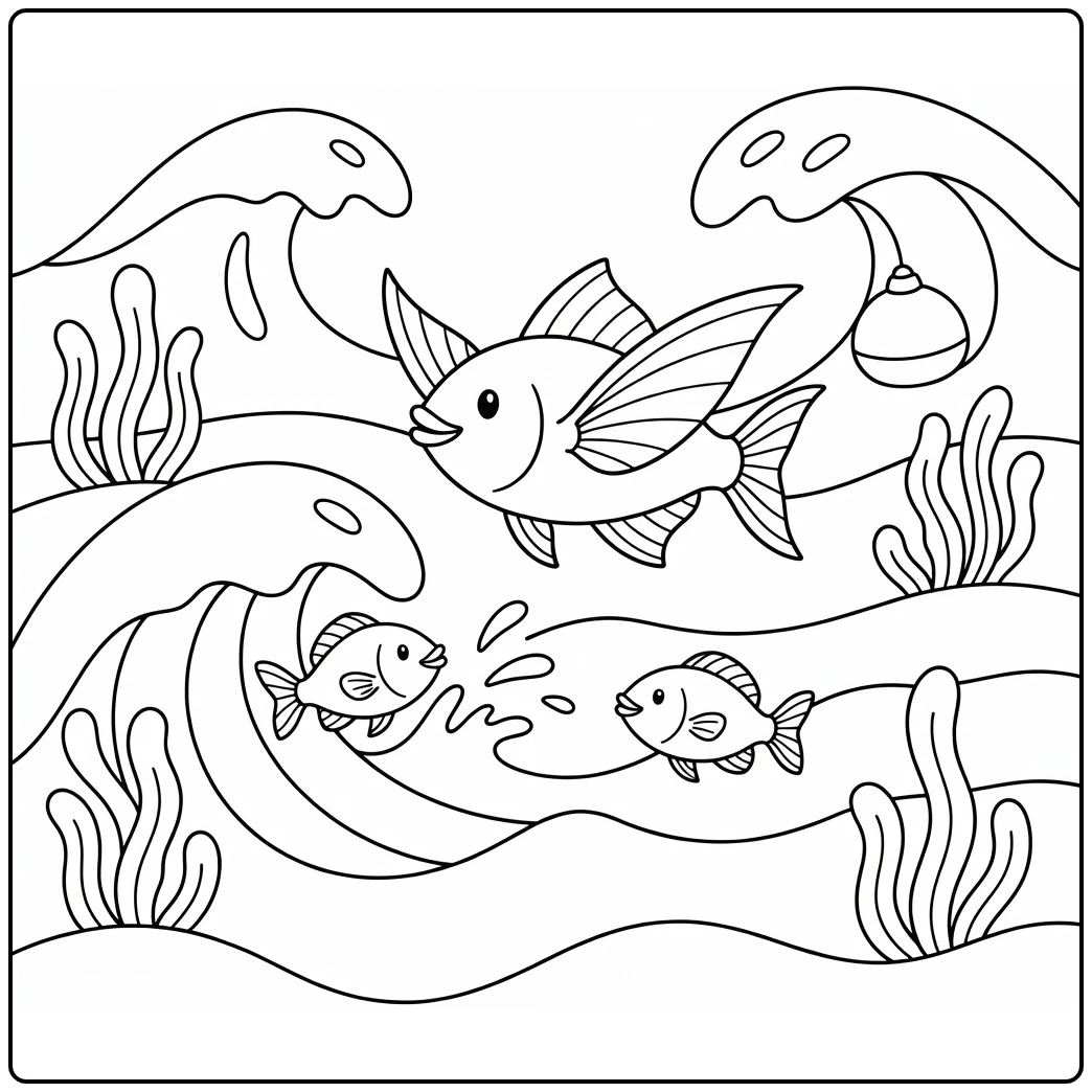 Sea animals coloring page for kids: flying fish skims wave