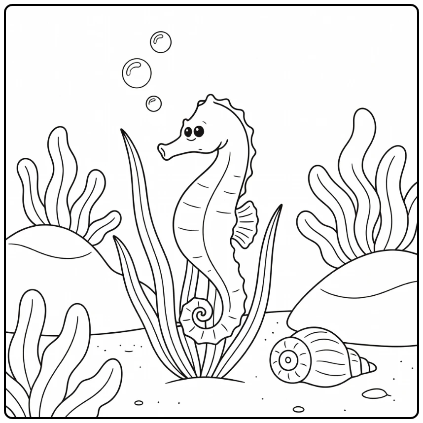 Sea animals coloring page for preschoolers: curled seahorse with bubbles
