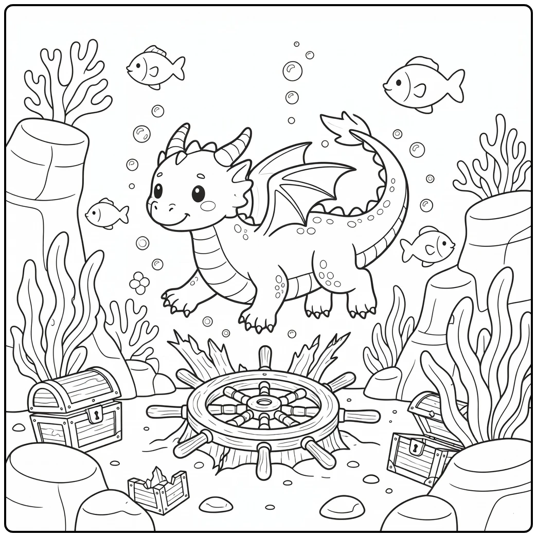 Sea dragon coloring page: dives thru sunken ship wheel