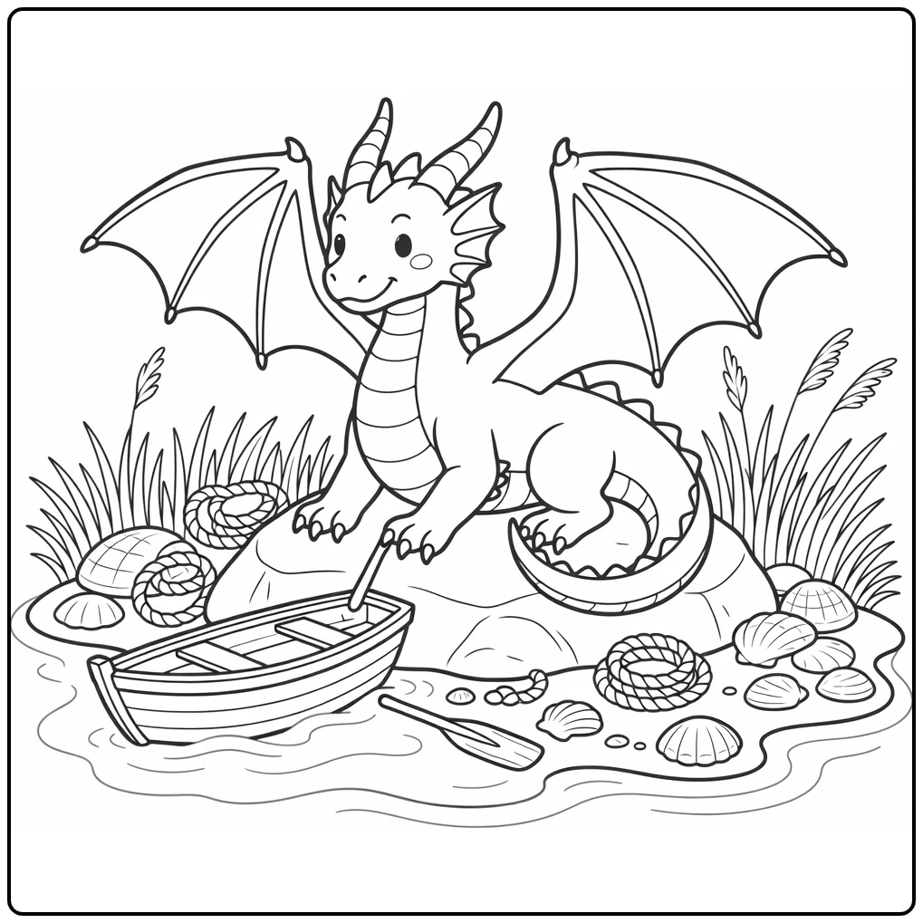 Sea dragon coloring page nudges rowboat to water on tidepool rock