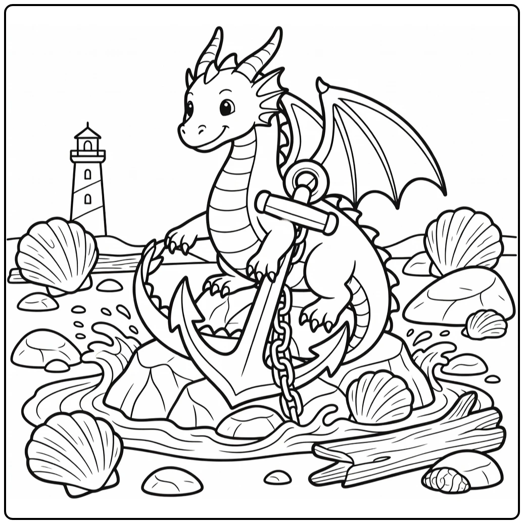Sea dragon coloring page circling giant anchor on rocky coast