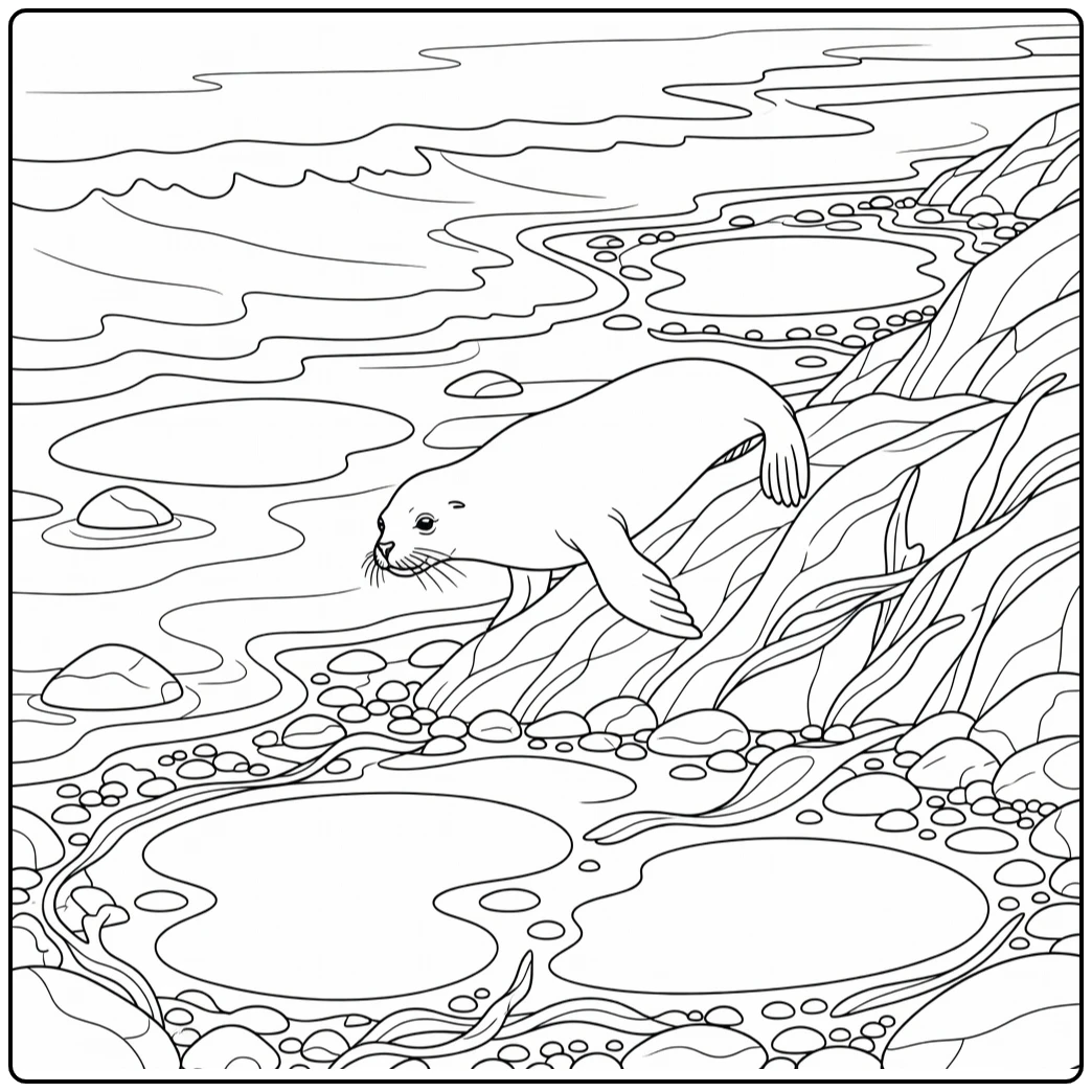 Sea lion on coastal rock realistic sea animal coloring page