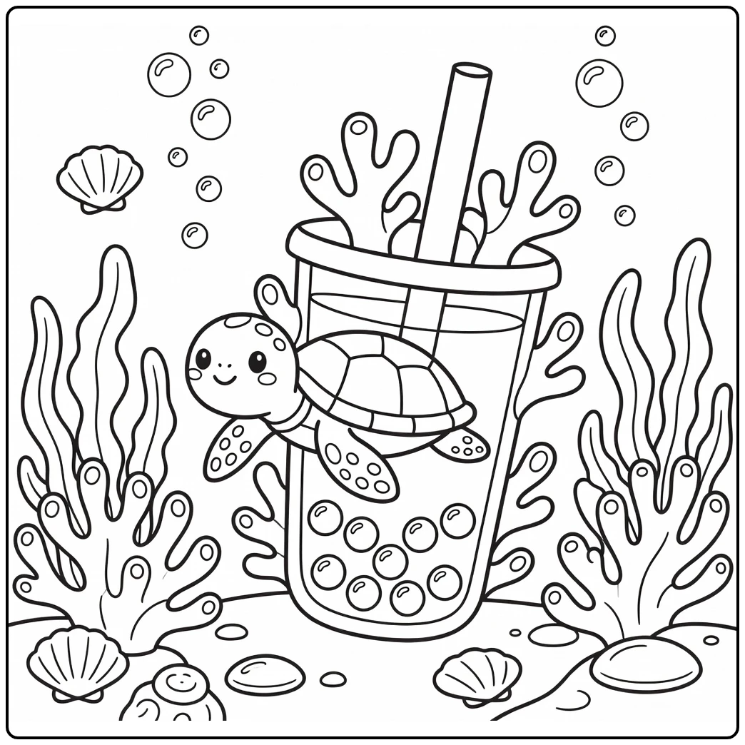 Animal boba tea coloring page with sea turtle and reef cup