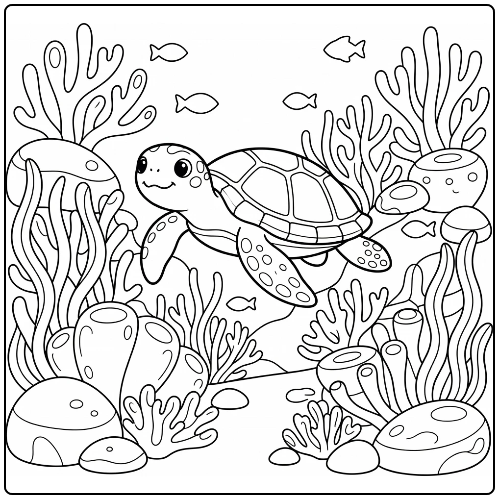 Wild animals coloring page: sea turtle over coral reef