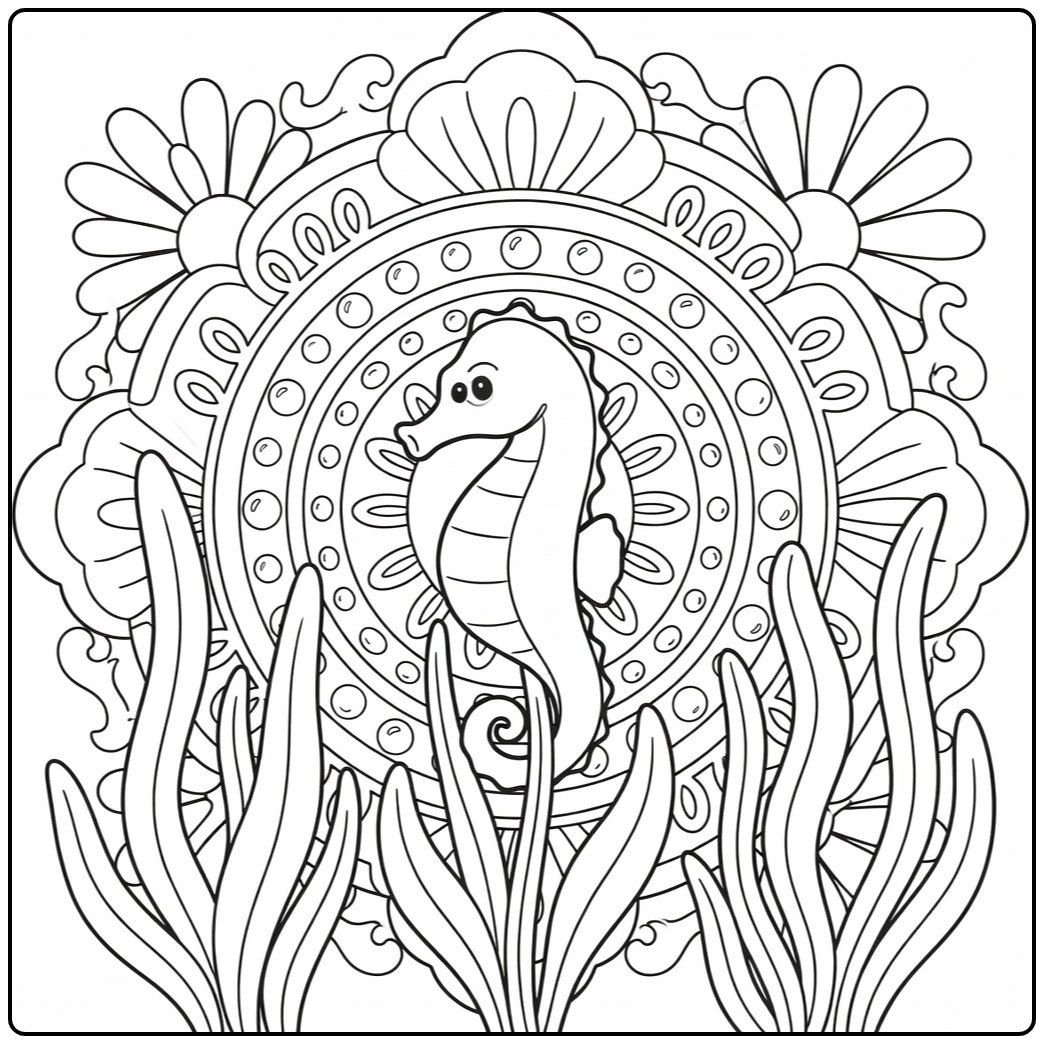 Animal easy mandala coloring pages: seahorse sea scene