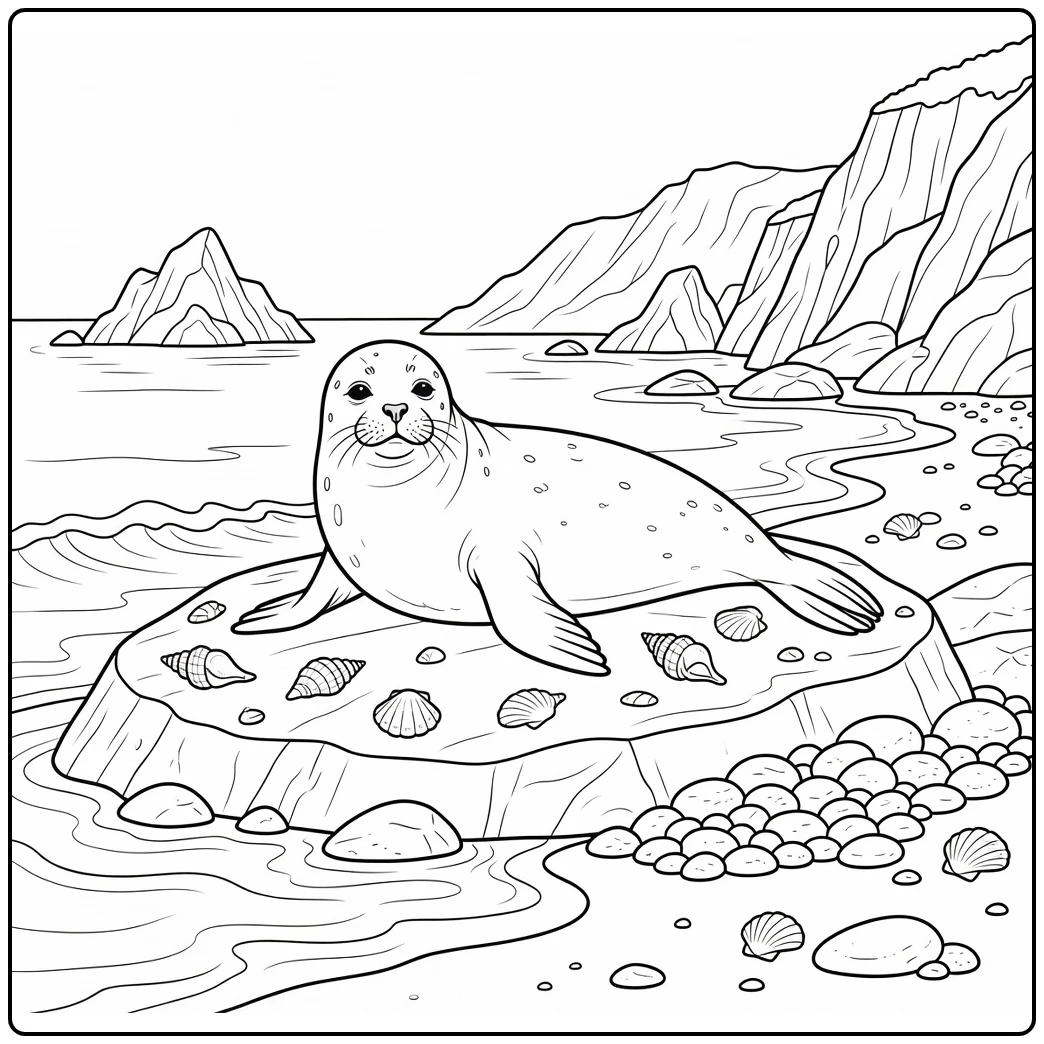 Realistic animal coloring page of seal on seaside rock