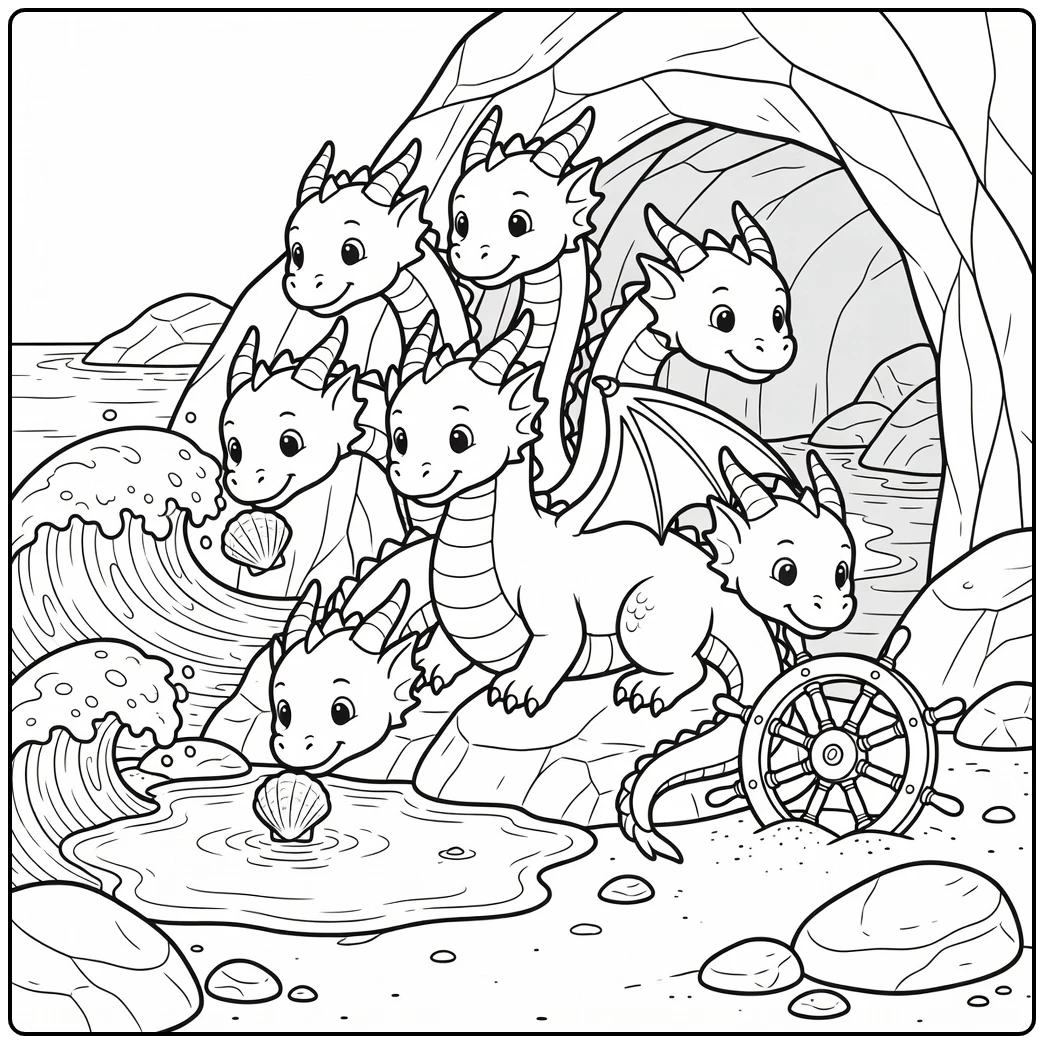 Hydra dragon coloring page: 5 heads explore seashells, tide pool