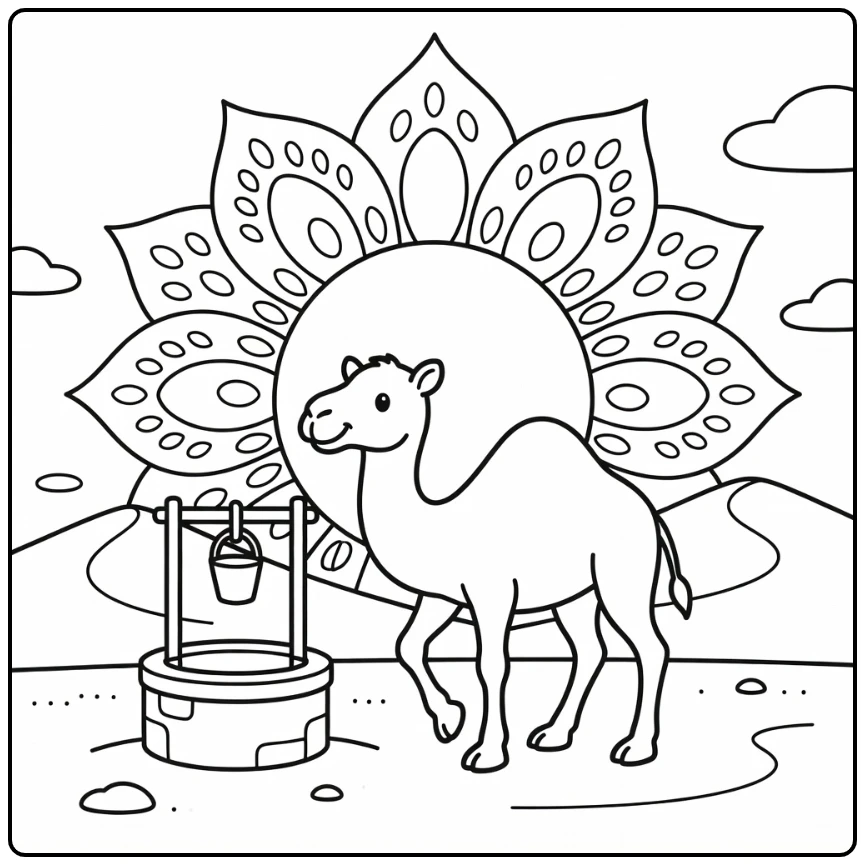 Camel by desert well in mandala sun - animal easy mandala coloring pages