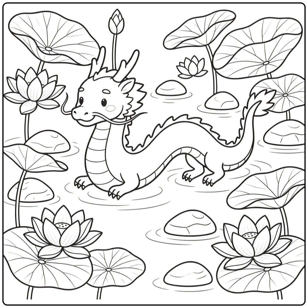 Cute Chinese dragon coloring page gliding over lotus pond