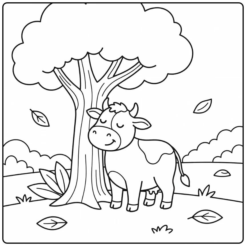 Relaxed cow rubbing head on tree trunk, cow coloring pages