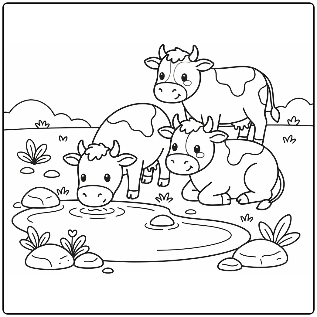 Peaceful cows at pond drinking resting cows coloring pages