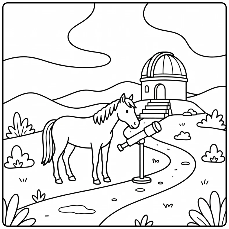 Horse coloring page for adults with observatory dome scene