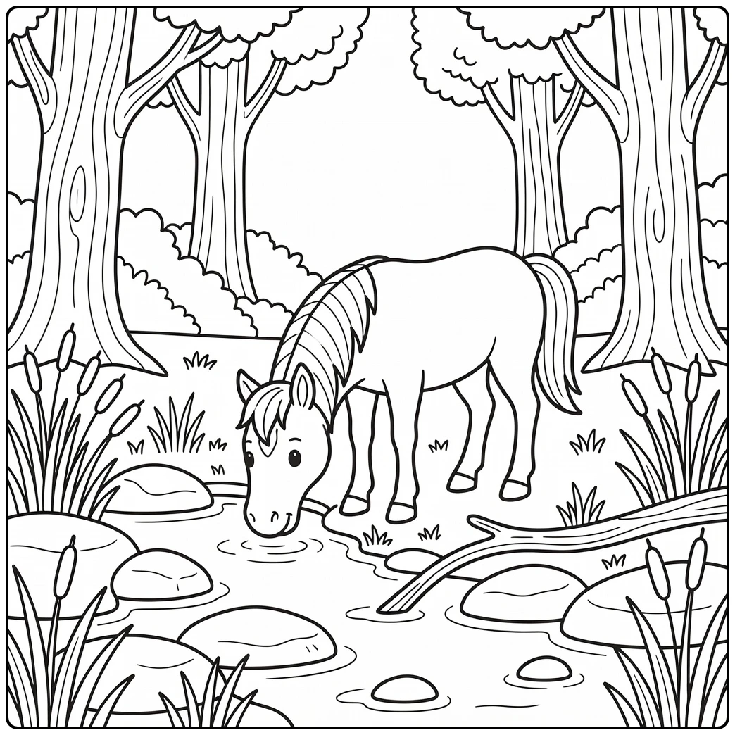 Horse coloring page of horse by woodland creek with stones