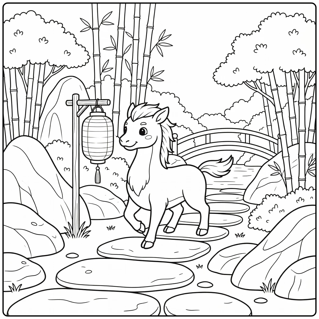 Kirin mythical animal coloring page in stone garden path