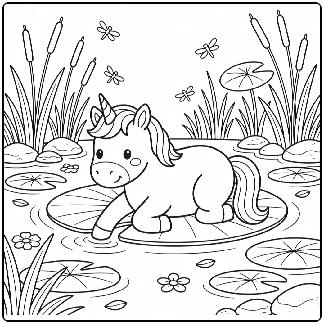 Lying unicorn coloring page on lily pad in calm pond