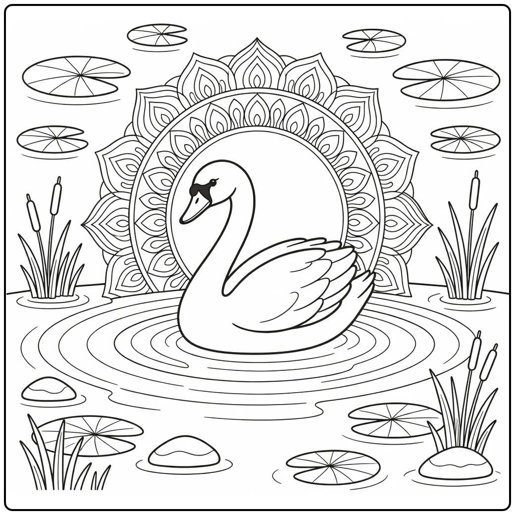 Animal mandala coloring pages: swan gliding on pond with lotus halo