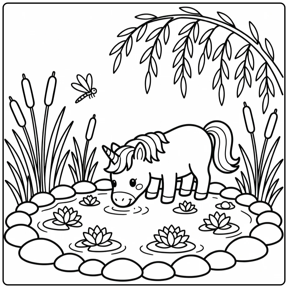 Unicorn drinks from pond sees reflection unicorn coloring pages