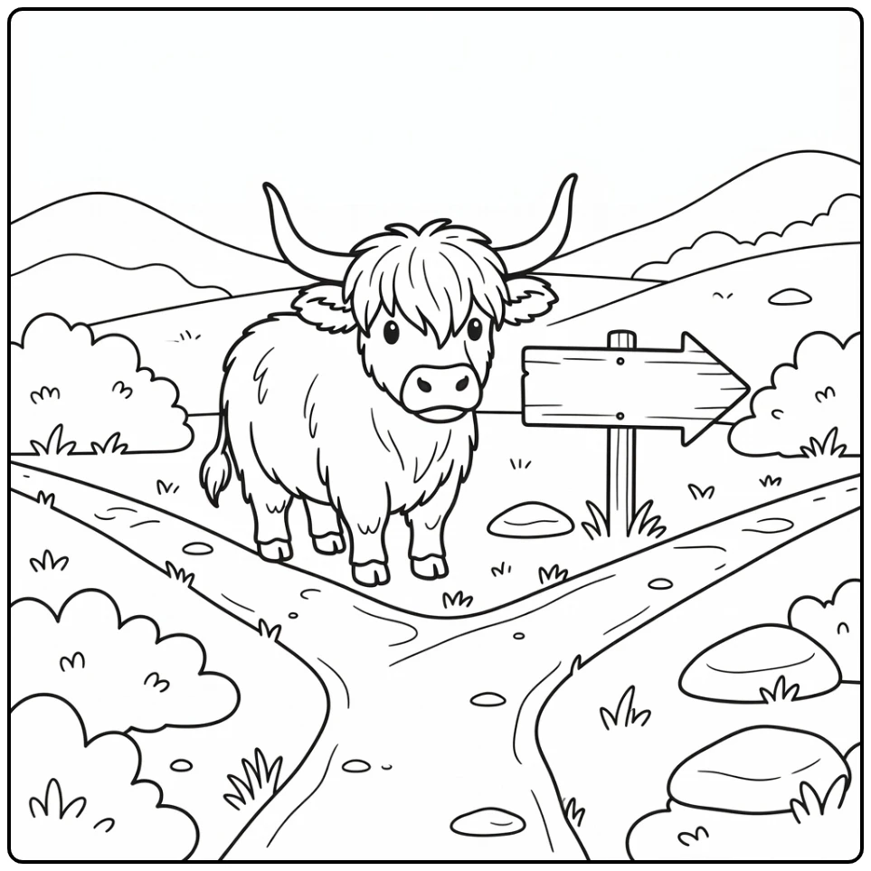 Highland cow coloring pages: gazes at arrow sign on path