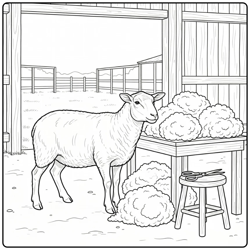 Realistic farm animal coloring page: ewe by wool table post-shearing