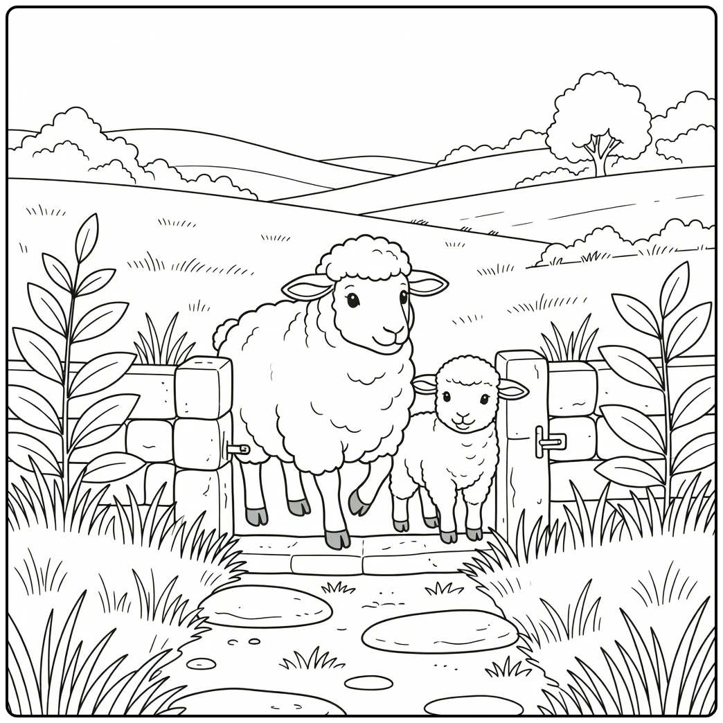 Sheep and lamb coloring page in scenic countryside stile
