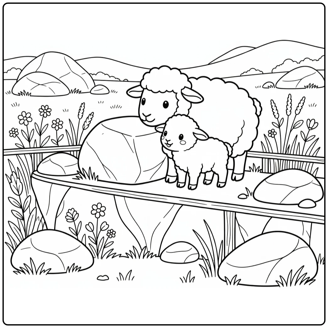 sheep and lamb coloring page nuzzling in meadow by mineral block