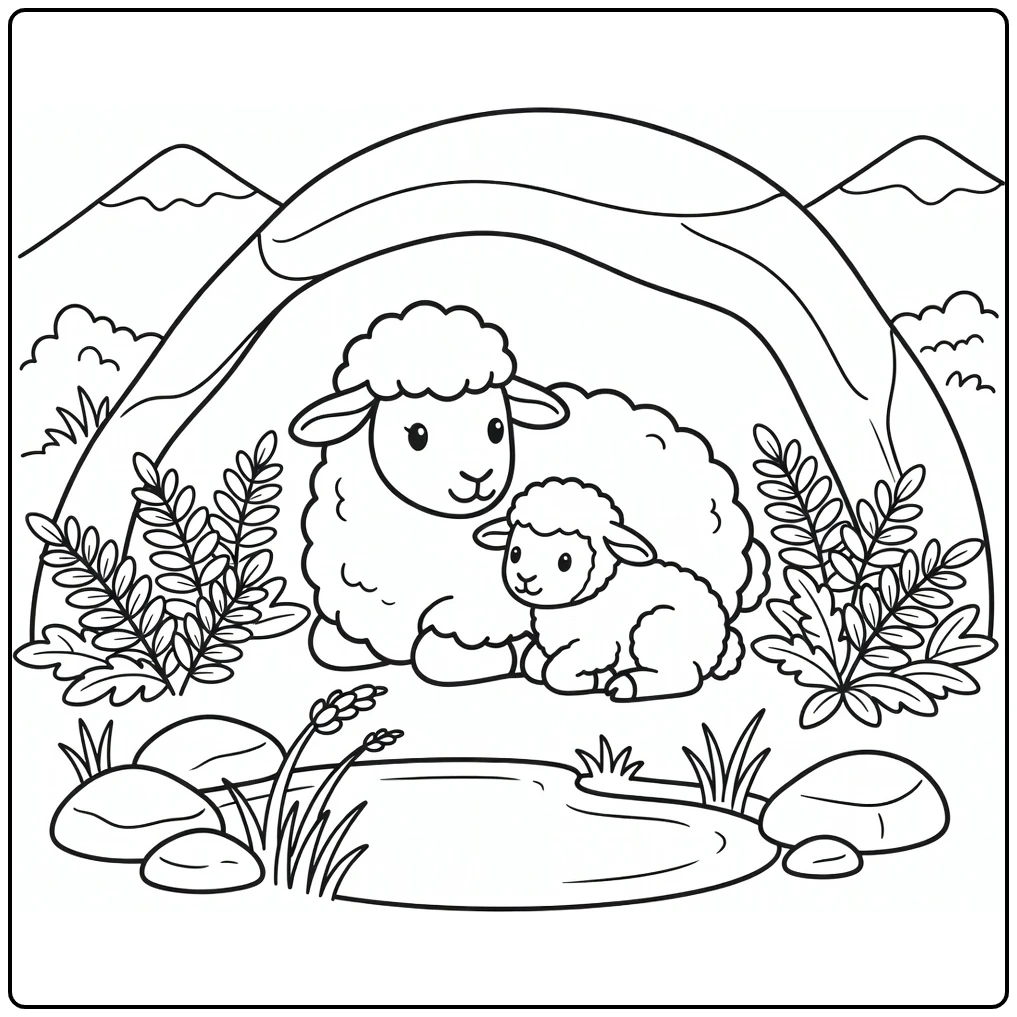 Sheep and lamb coloring page in serene mountain landscape