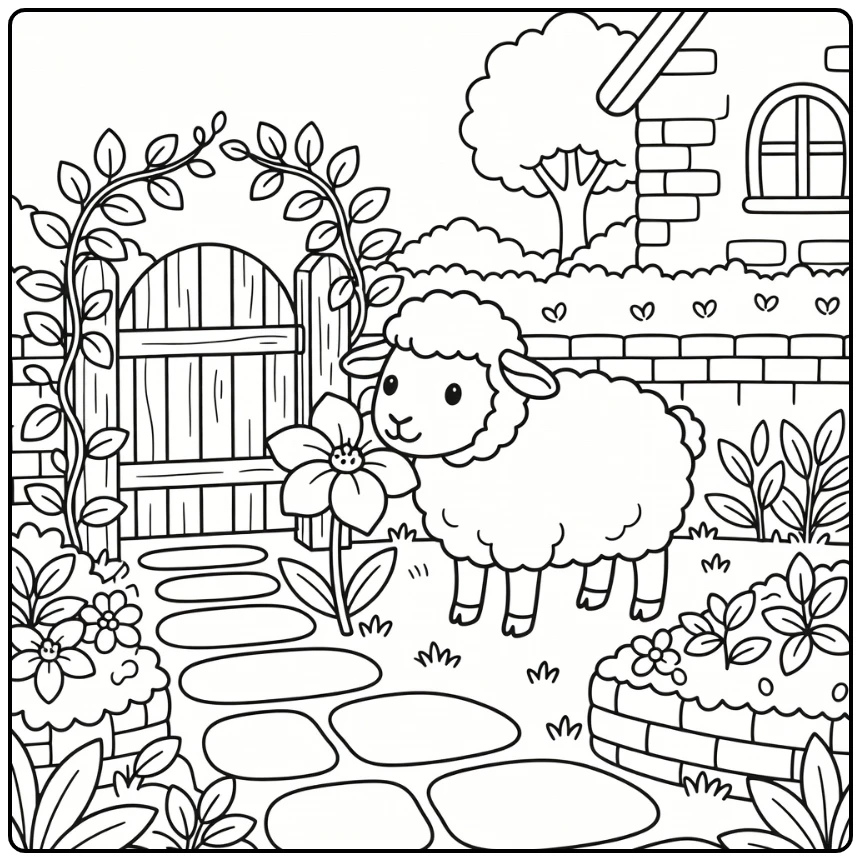 Sheep coloring page cute sheep nosing bell flower by gate